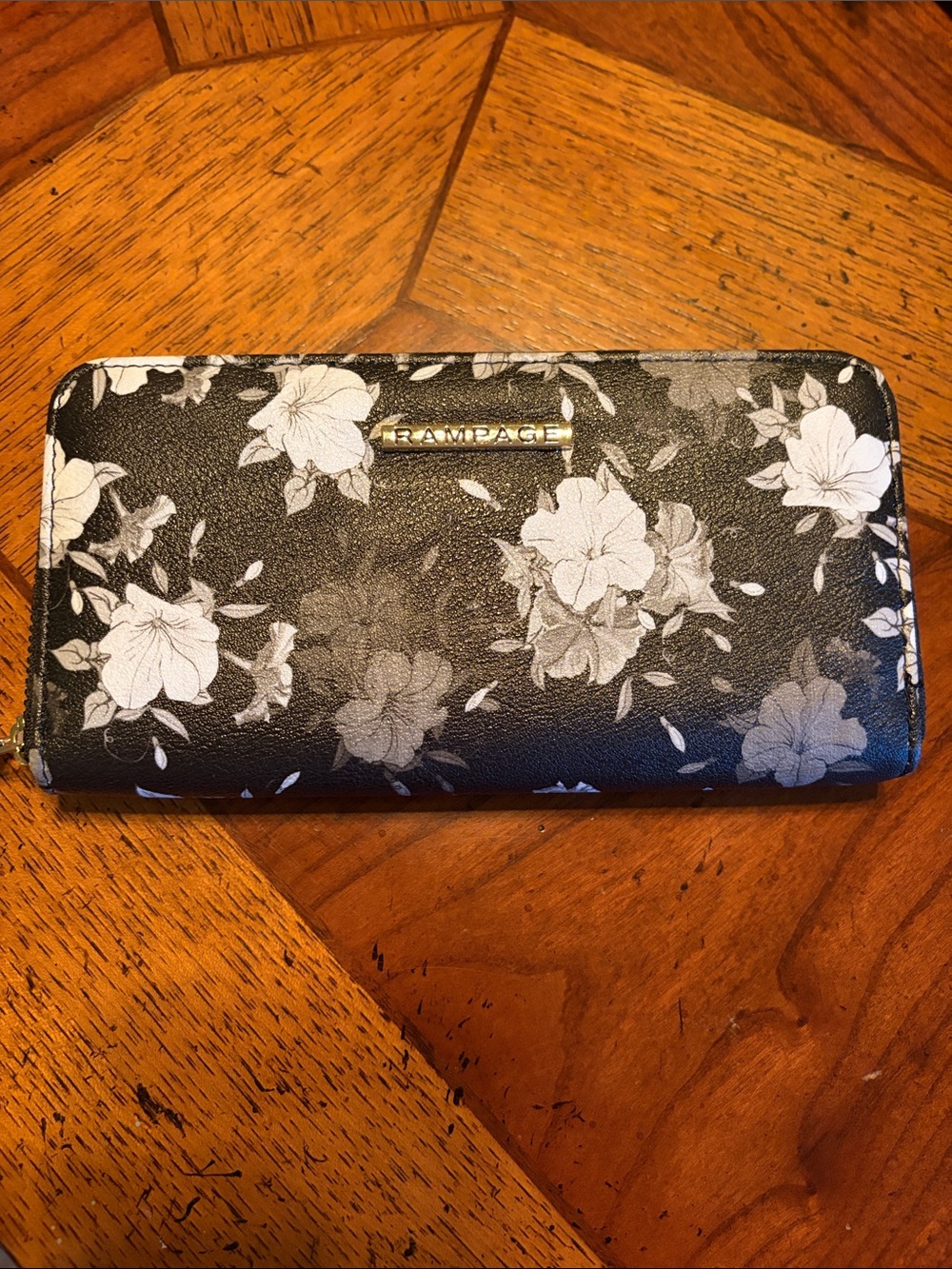Rampage Black Floral Zip Wallet with White Blooms